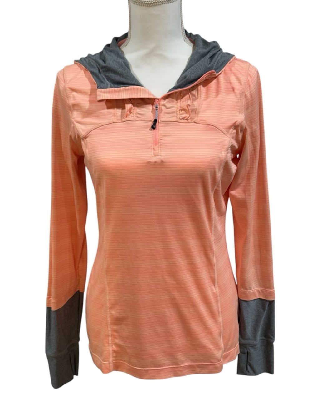 MPG peach hooded quarter zip long sleeve sweatshirt jacket with gray accents, M.
